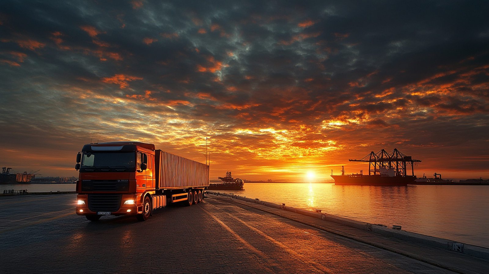 A Big container truck carrying cargo container from a sea port where crane in the background